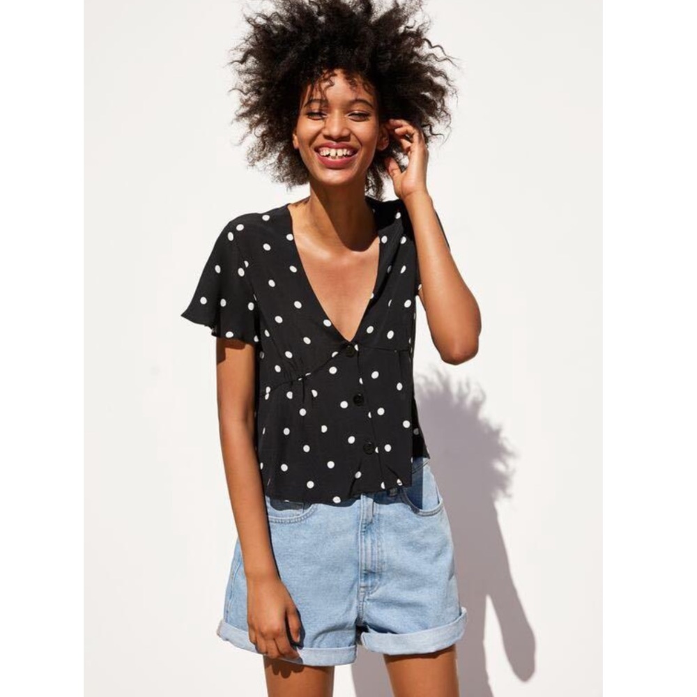 ZARA Black Polka dot button front blouse